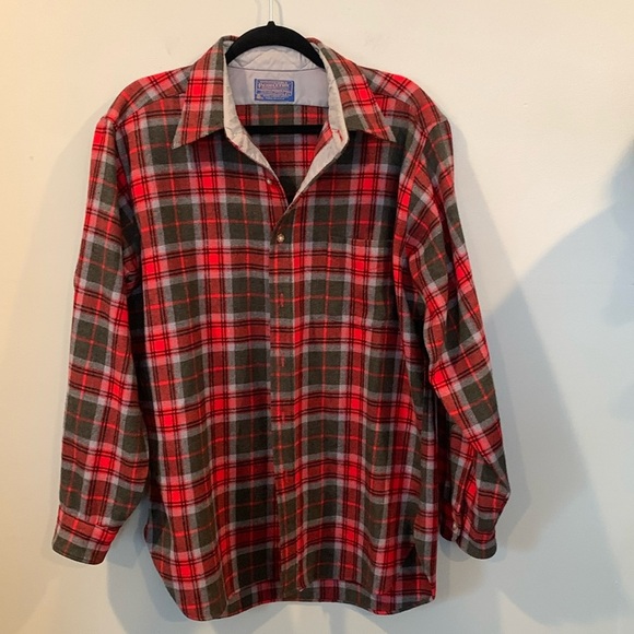 Vintage Pendleton Red Gray Black Plaid 100% Wool Lodge Shirt Men’s Large - Picture 1 of 4